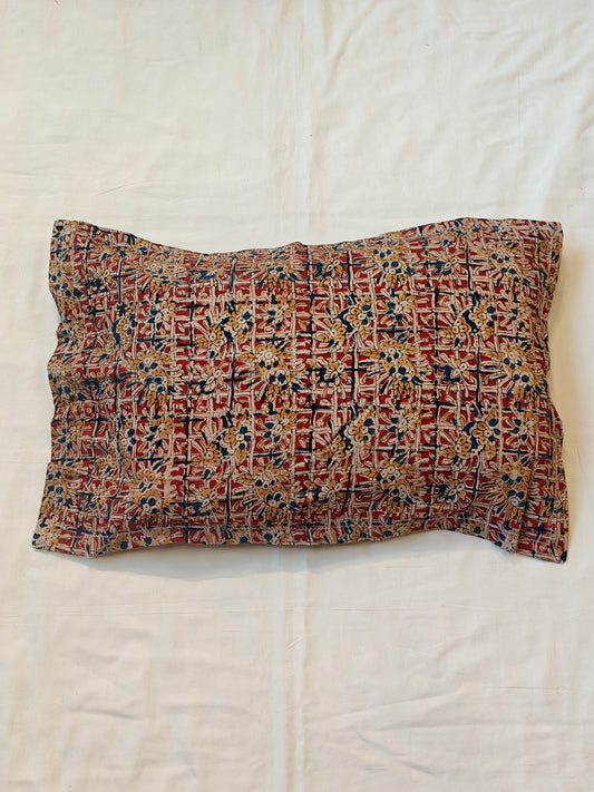 Maroon beige floral Kalamkari hand block printed cotton pillow cover