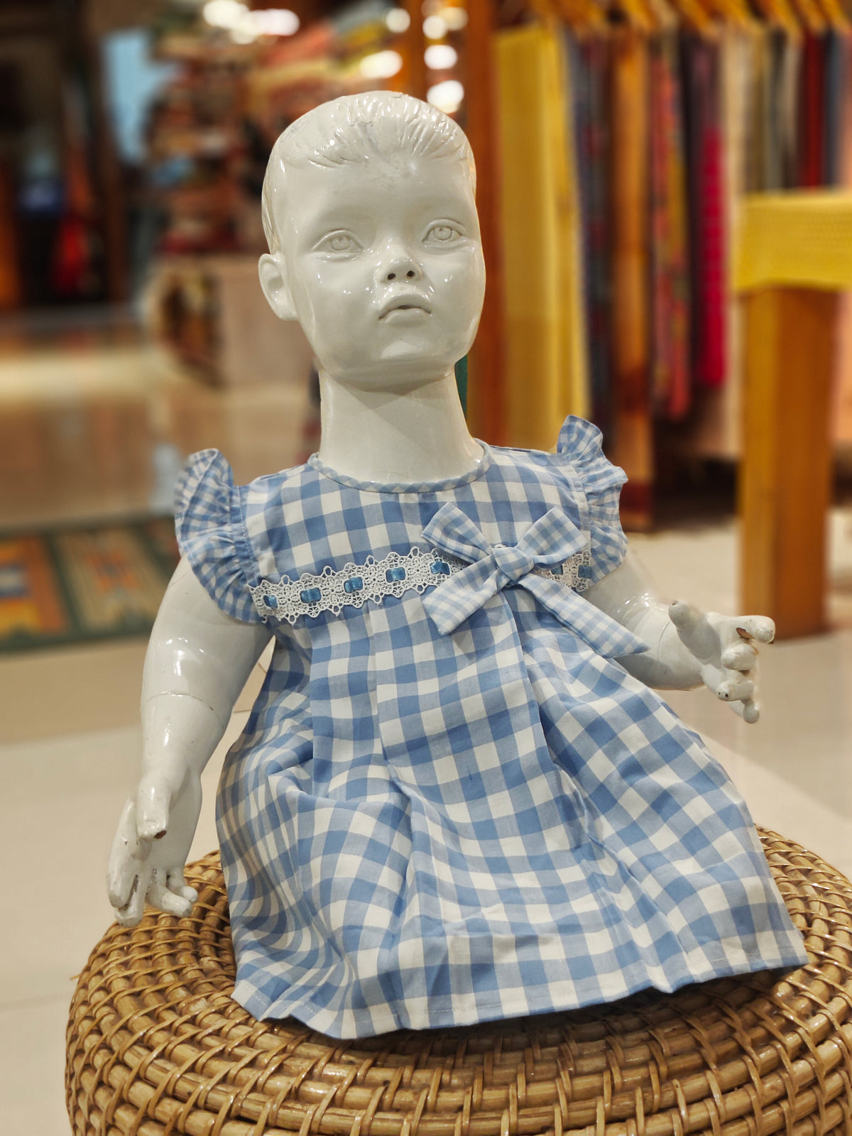 Blue n white checks with bow n lace detailing frock with shorts - 2 piece set
