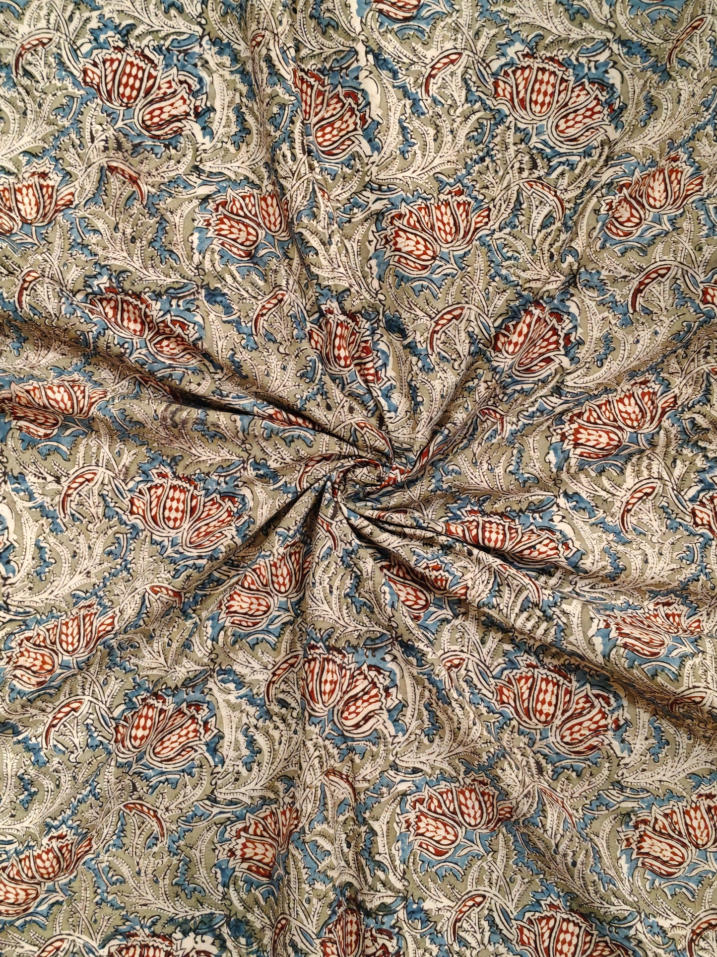 Red blue floral design handblock printed Kalamkari cotton fabric