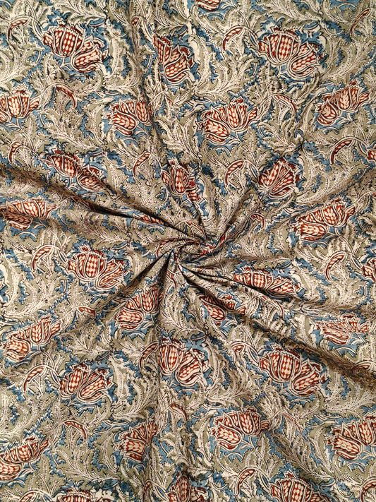 Red blue floral design handblock printed Kalamkari cotton fabric