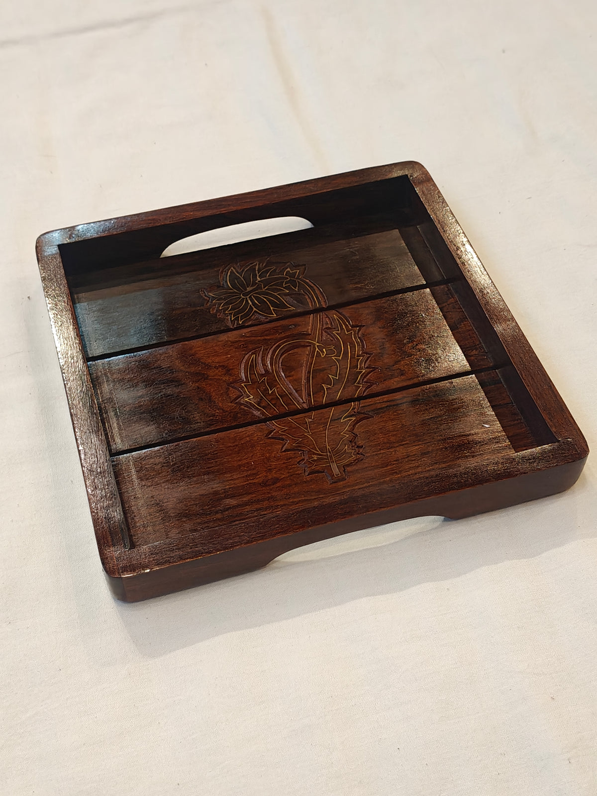 Brass inlay work wooden handcrafted tray - 8 x 8 inches