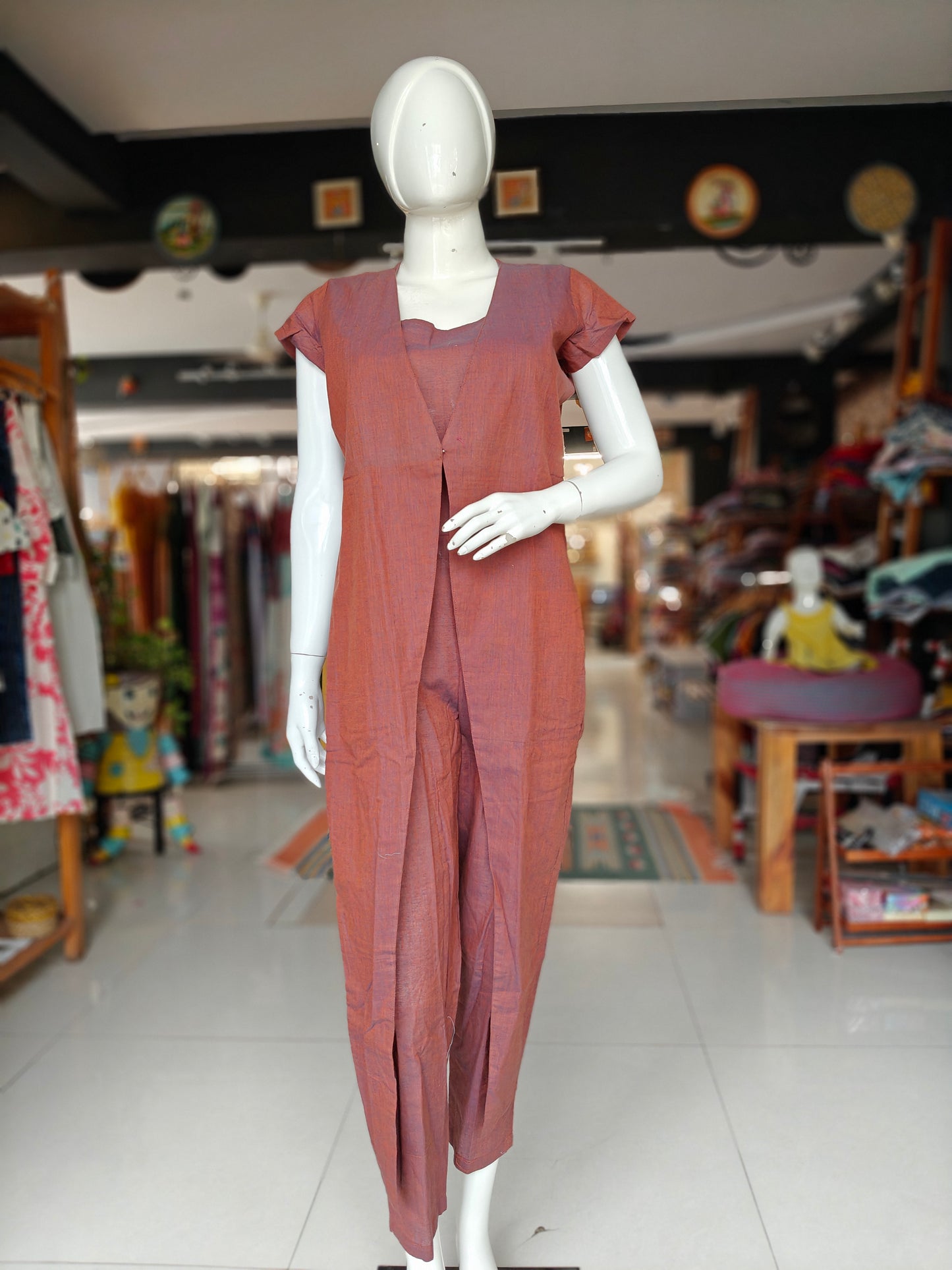 Brown handloom cotton jacket style jumpsuit