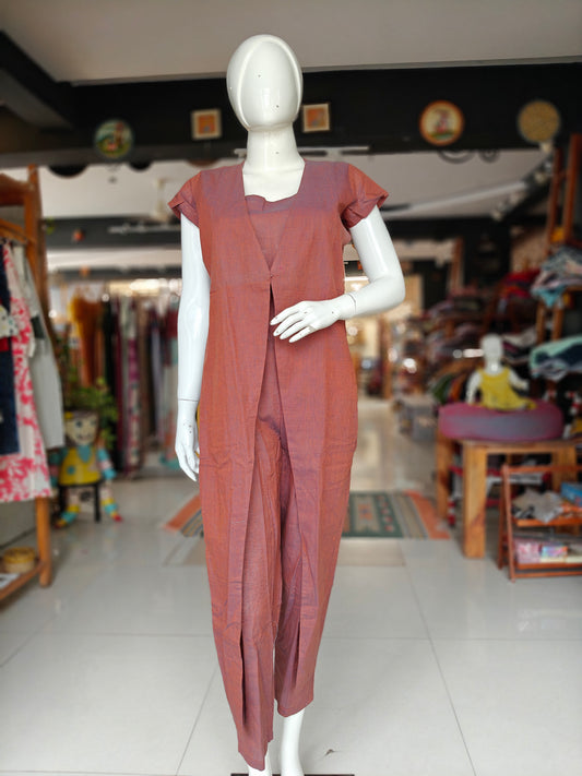 Brown handloom cotton jacket style jumpsuit