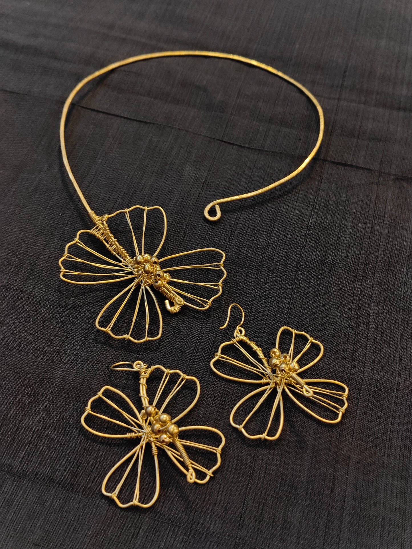 Bow / Butterfly design handcrafted brass neckpiece and earrings set