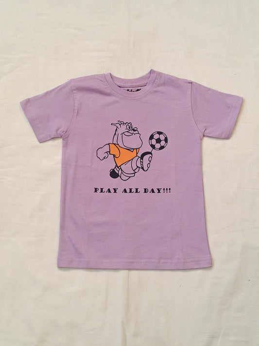 Lavender cotton tshirt for kids with doggie playing football print