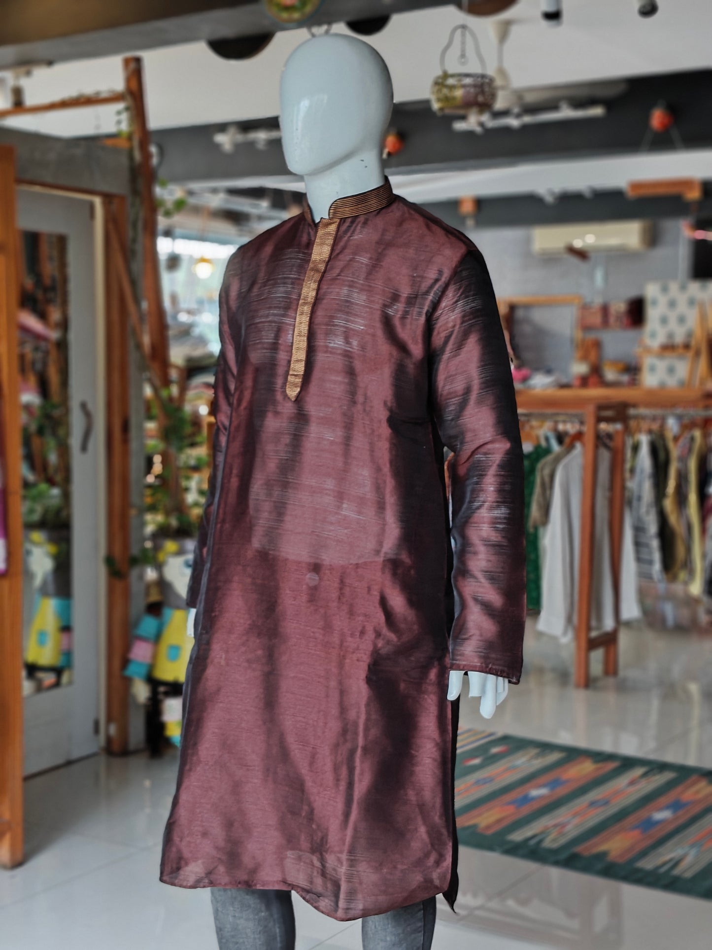 Brown placket gold thread embroidered full sleeves long kurta for men