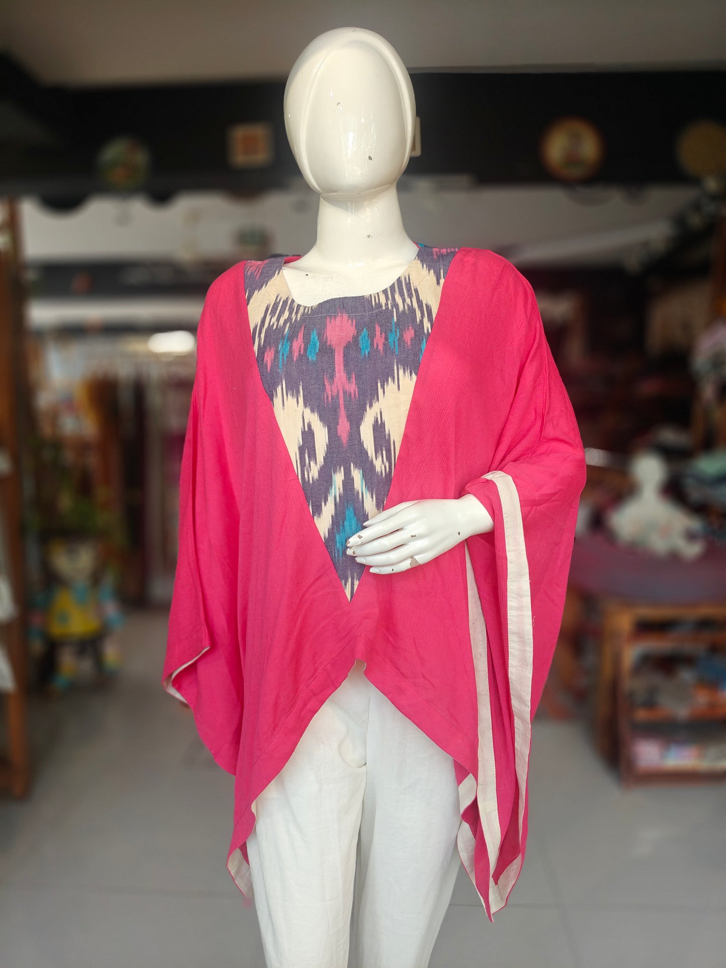 Pink kaftan top with ikat patterned panel