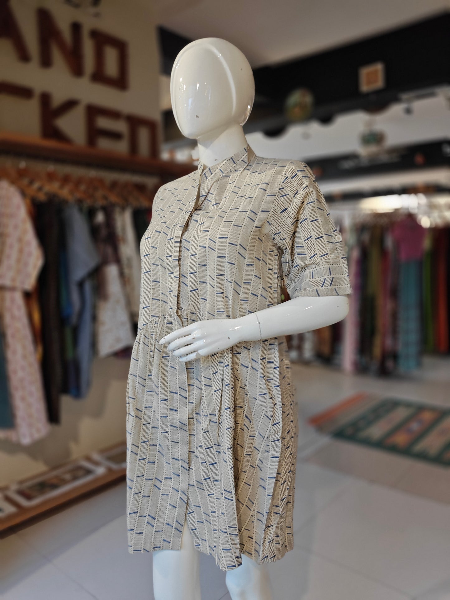 Cream indigo rectangles hand block printed cotton shirt style dress
