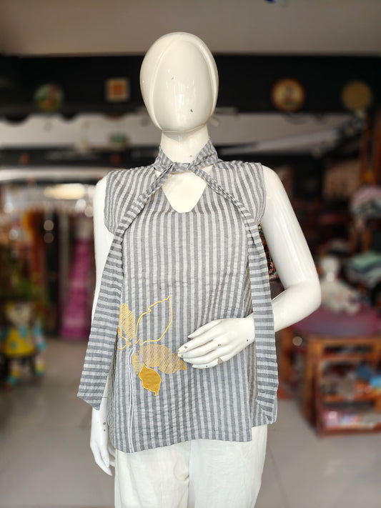 Grey striped and embroidered cotton top with tie up neck