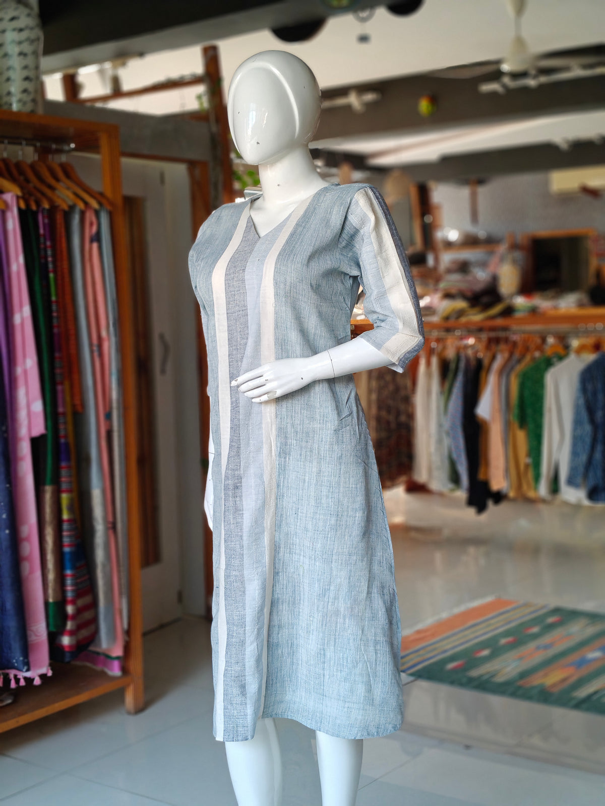 Grey, light blue and off-white striped V-neck cotton dress - hand spun, hand woven, natural dyed dress