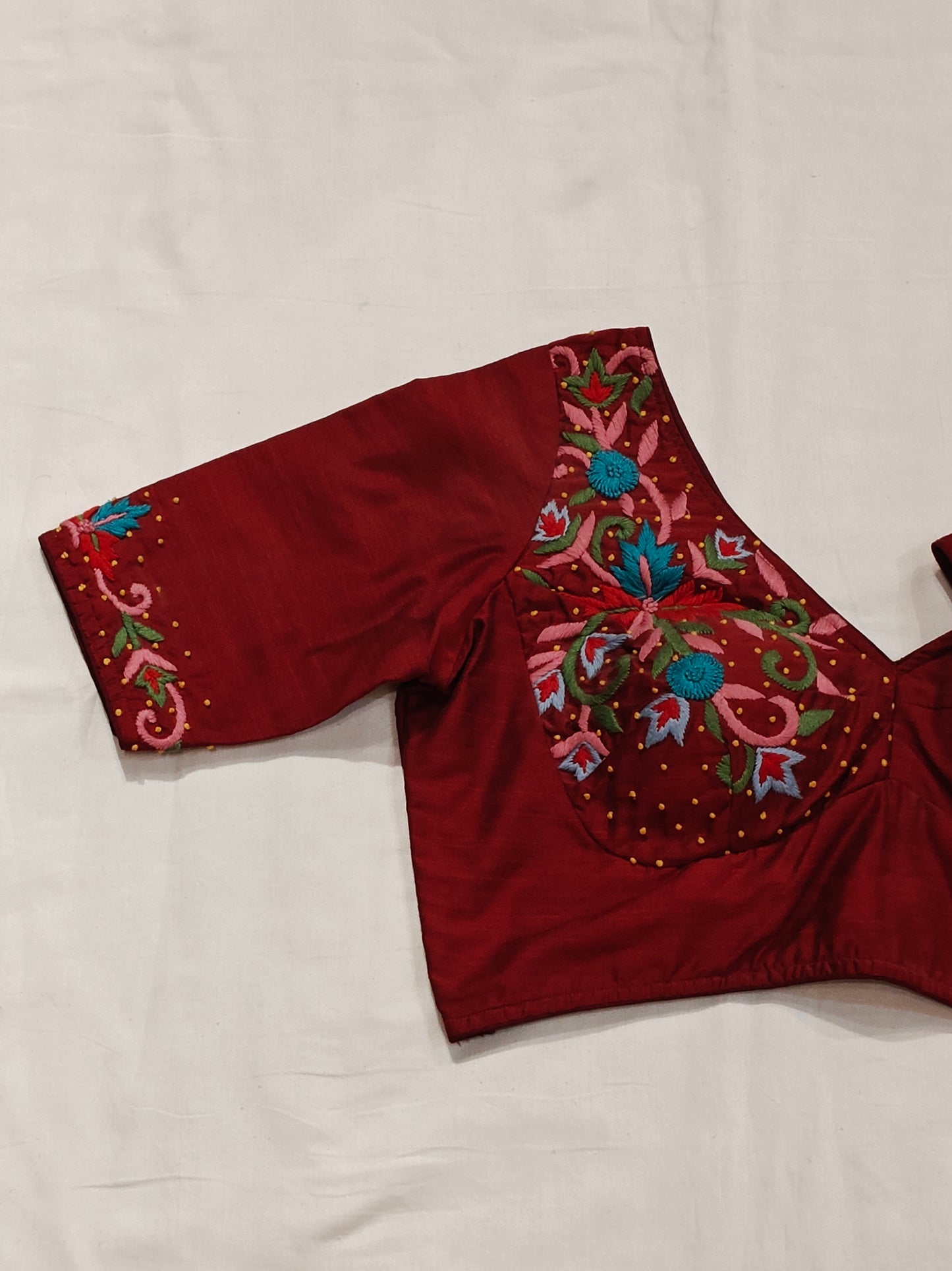 Red Floral hand embroidery silk blouse