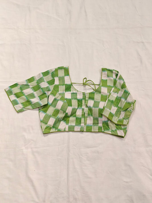 Green and white checkered ikat cotton padded, deep neck blouse