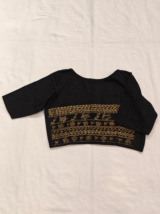 Black handloom cotton half sleeves blouse with gold birds and floral hand painted motifs