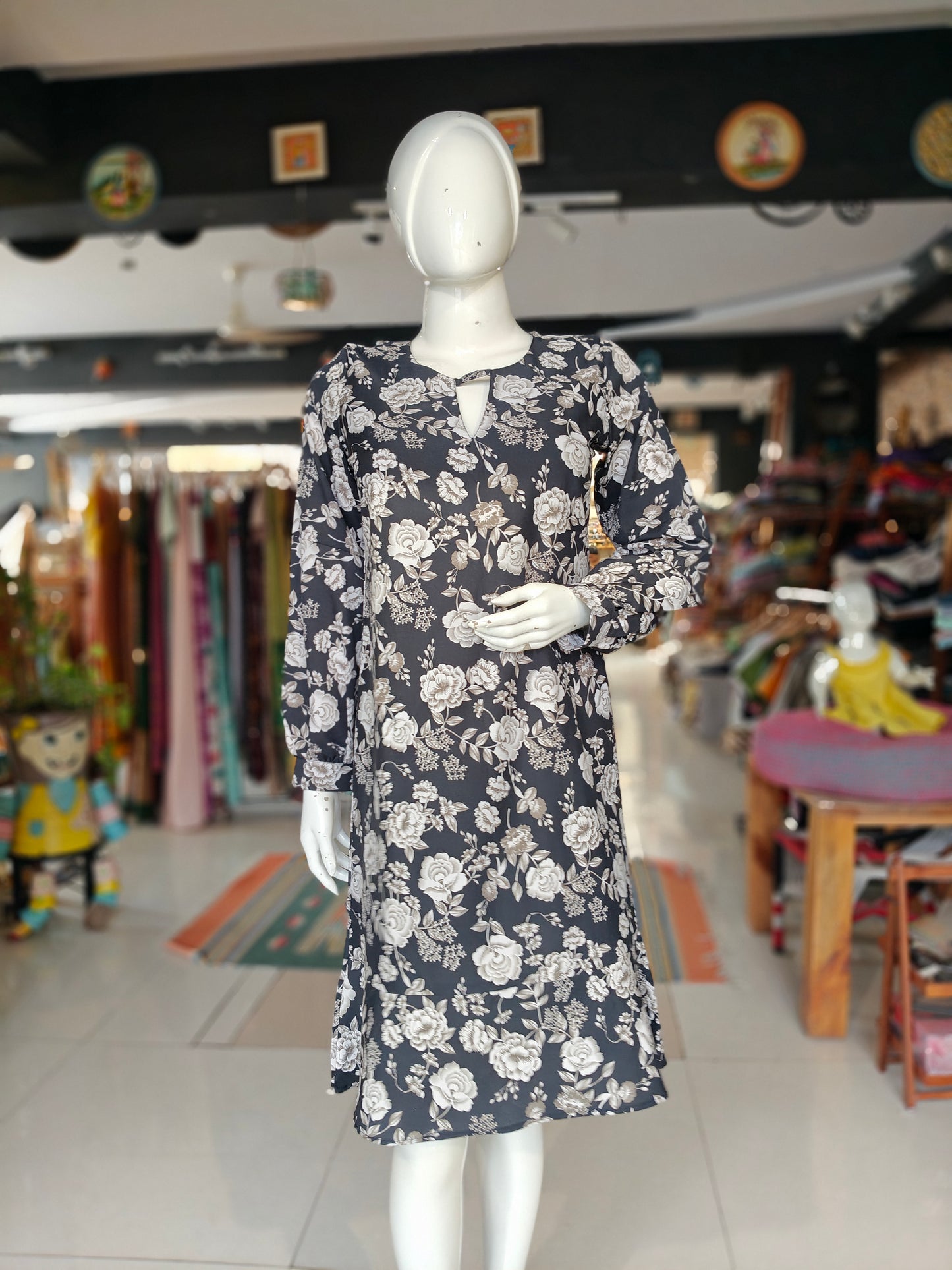 Black and white floral printed georgette dress