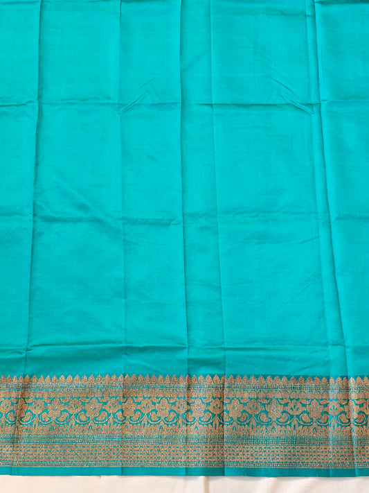 Blue katan silk unstitched handwoven blouse piece with zari border