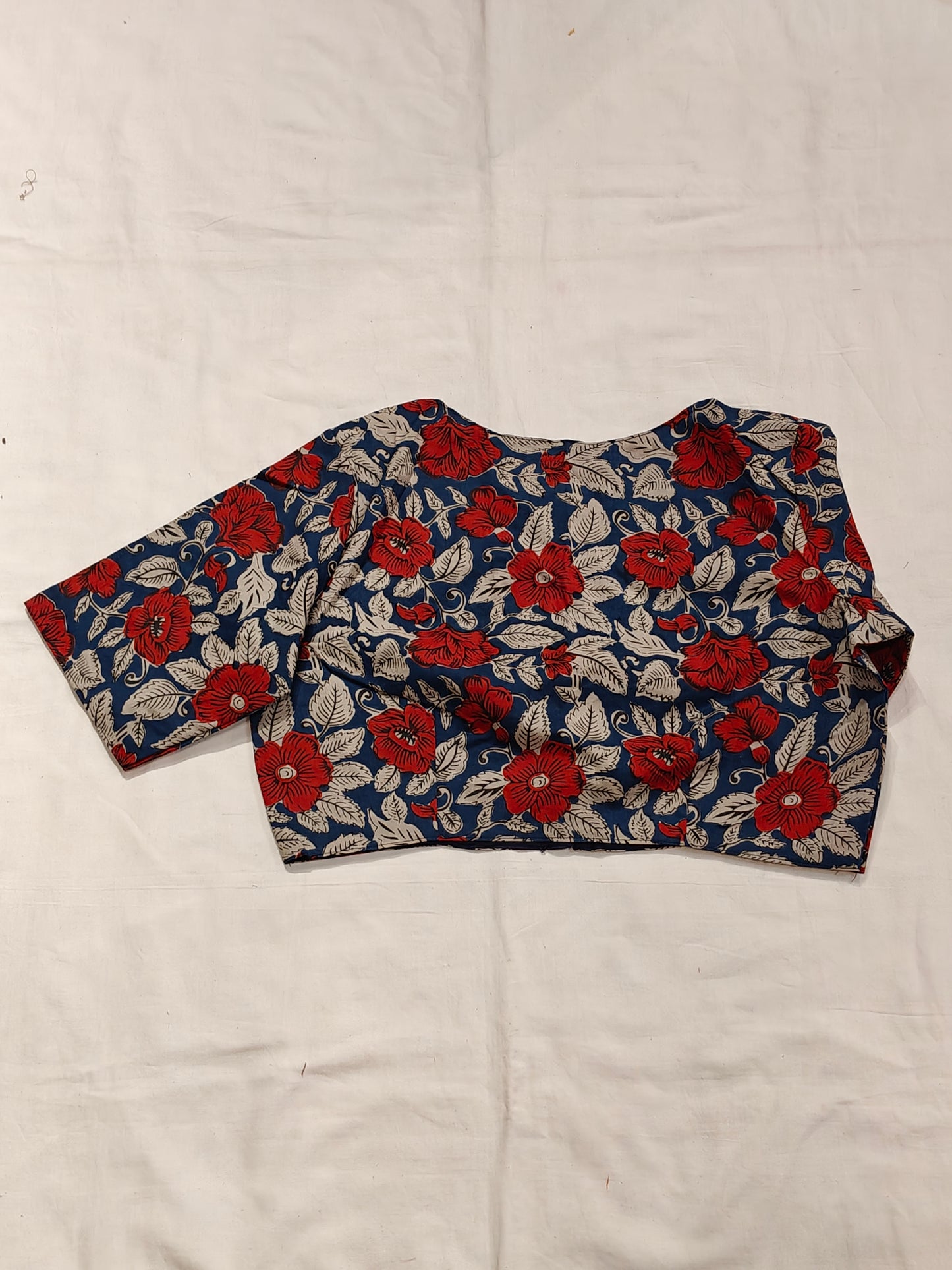 Red n grey floral prints on Indigo cotton blouse
