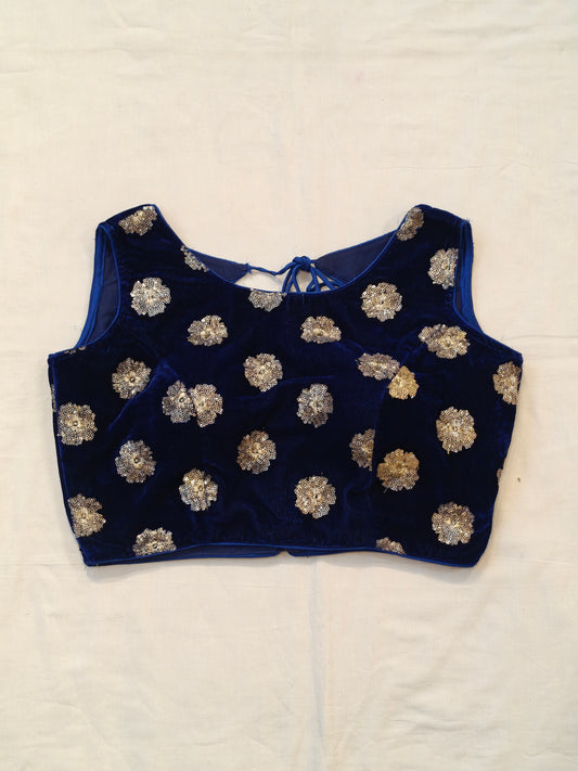 Navy blue velvet with floral embroidery sleeveless blouse