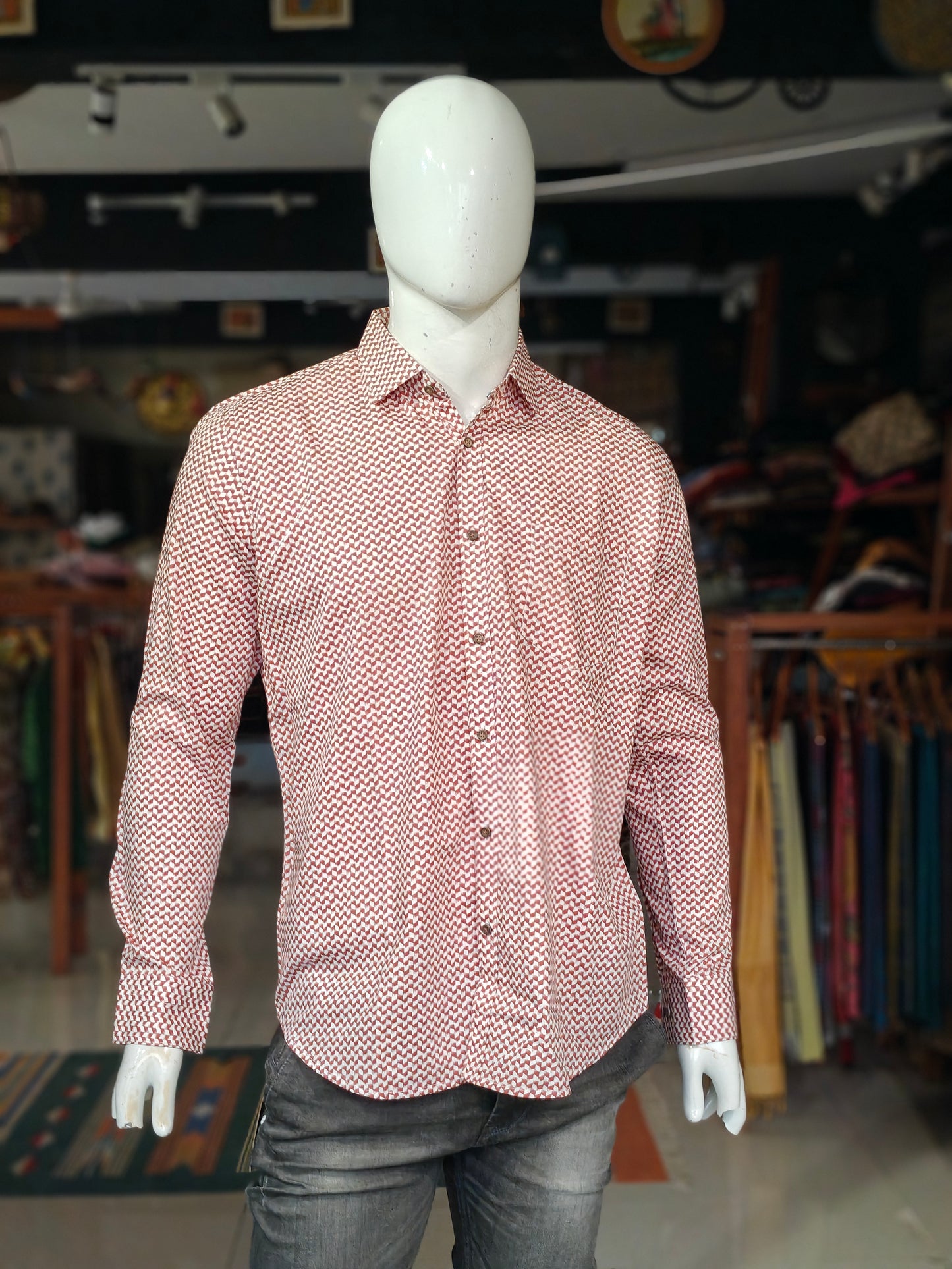 Red n white geometric patterned cotton shirt for men