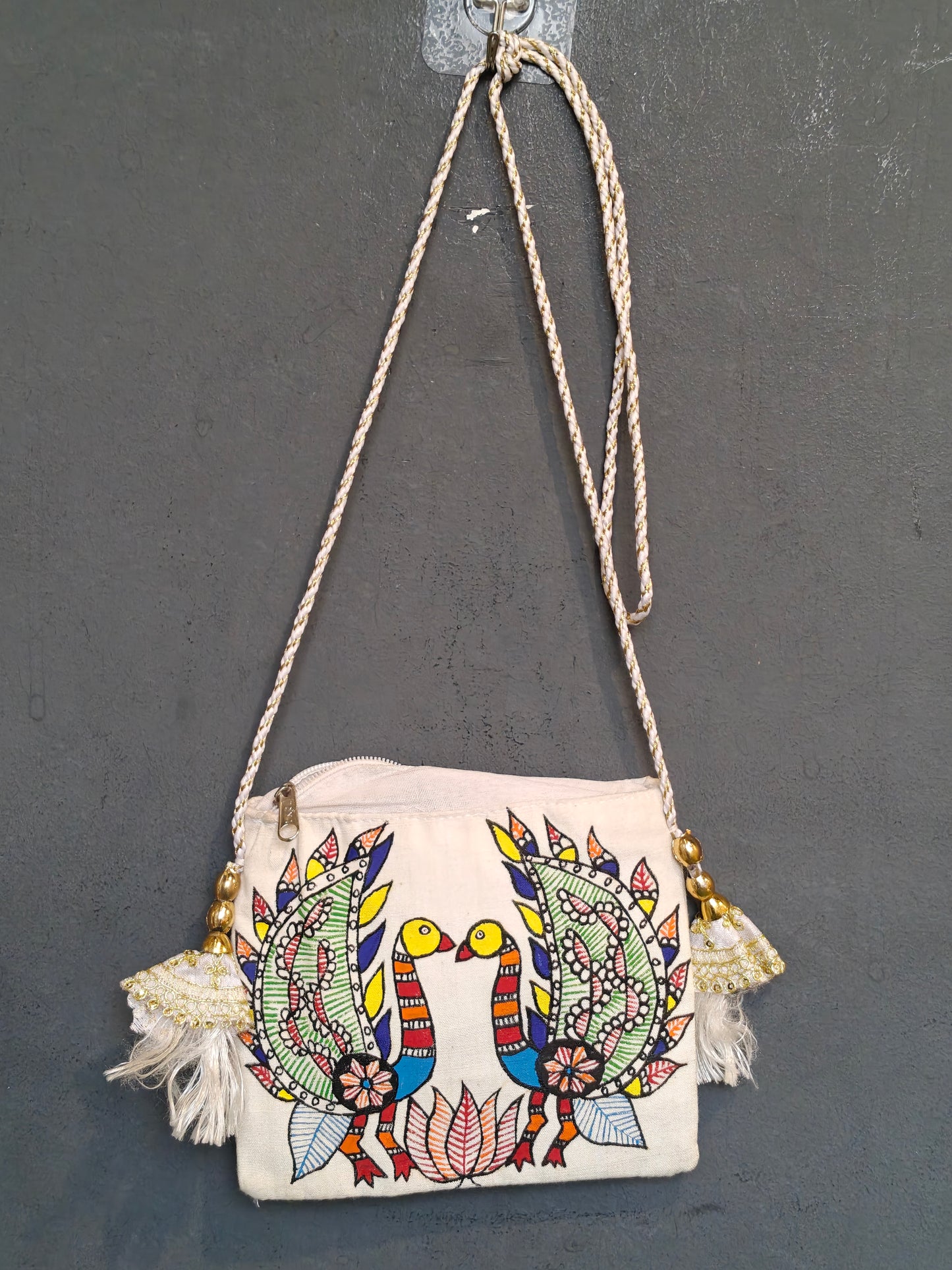 Handpainted on off white base fabric pouch with zipper closure, Tassles and sling - multiple designs available