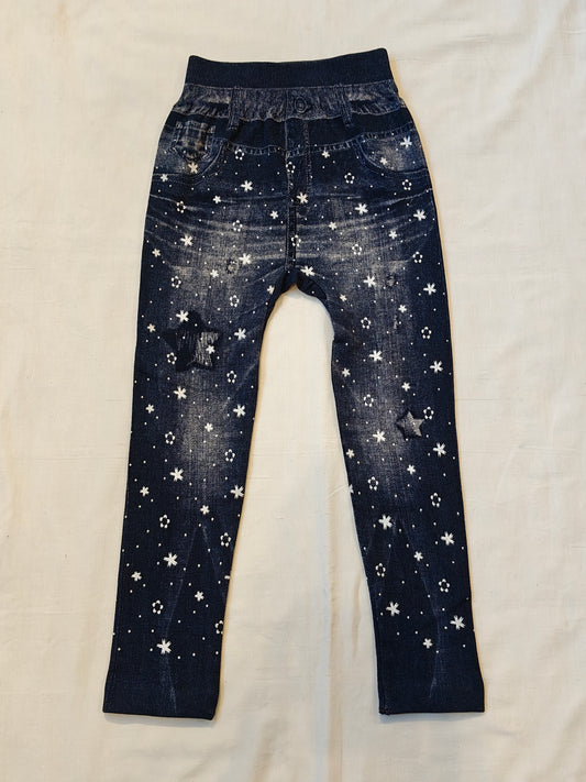 Blue denim style jeggings for children with flowers prints