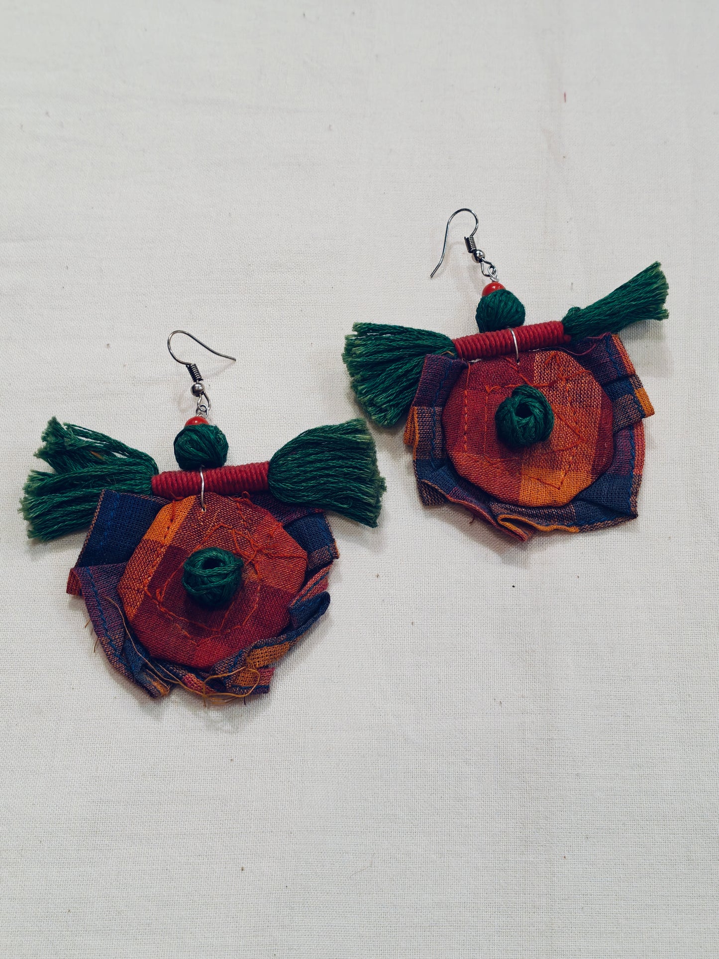 Colorful handcrafted hook earrings - light weight, fabric based