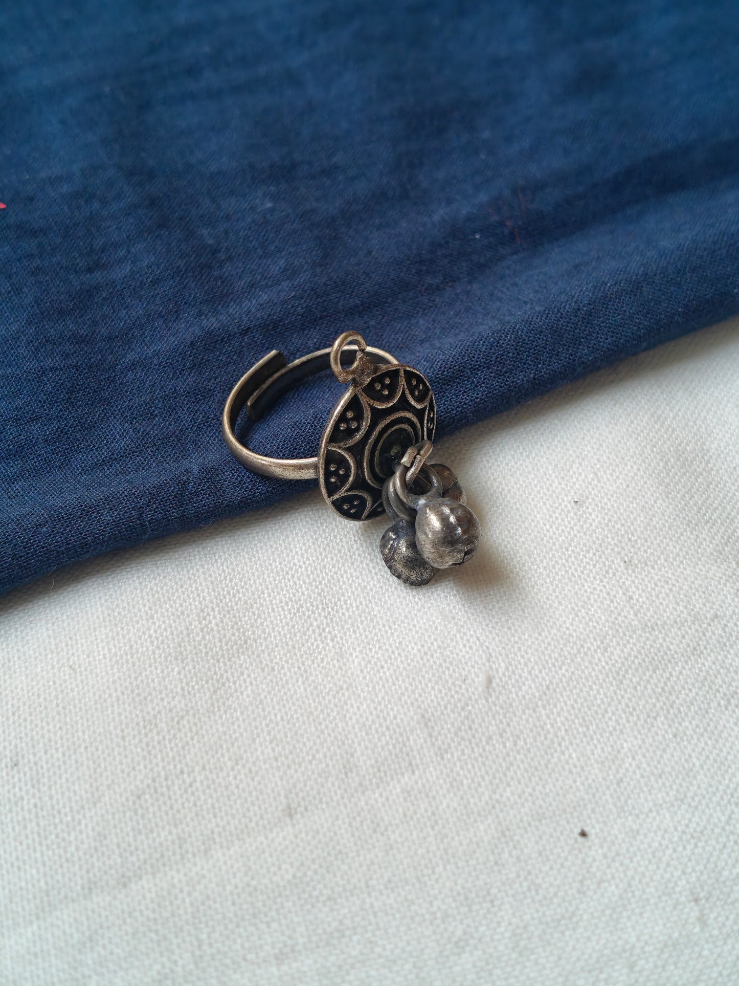 Traditional motifs oxidised look finger ring with ghungroos