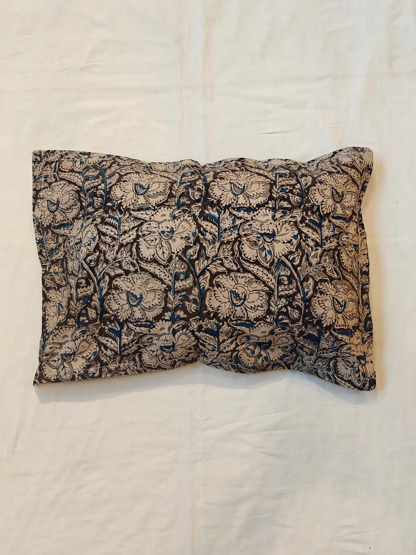 Dark brown, blue and beige floral han Kalamkari hand block printed cotton pillow cover
