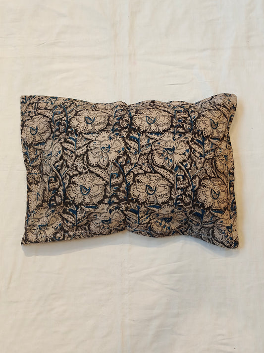 Dark brown, blue and beige floral han Kalamkari hand block printed cotton pillow cover