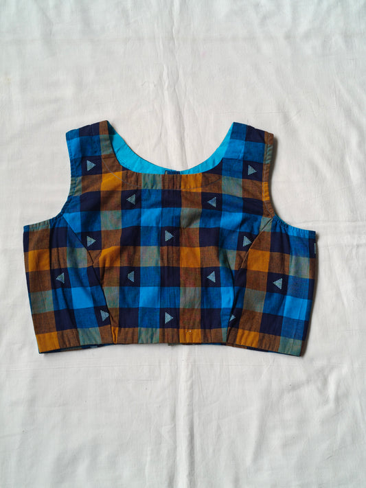 Blue and orange checkered pattern with triangular motifs cotton blouse