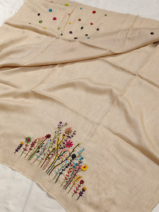 Cream handloom silk unstitched blouse piece with colourful flowers embroidered