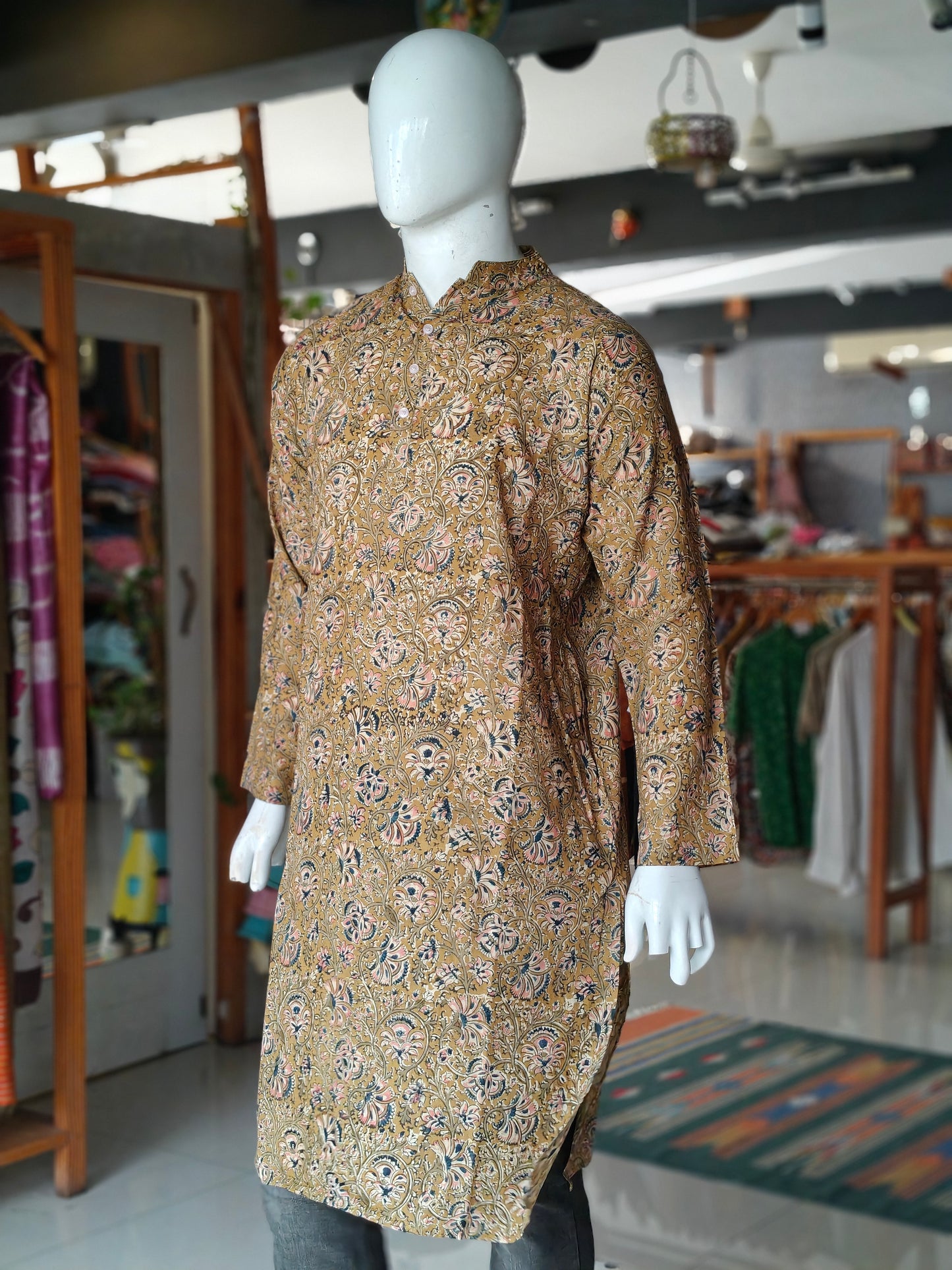 Olive green kalamkari cotton full sleeves long kurta for men