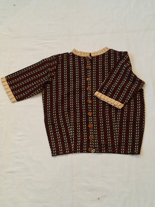 Maroon and black handblock printed cotton crop top blouse with closed neck