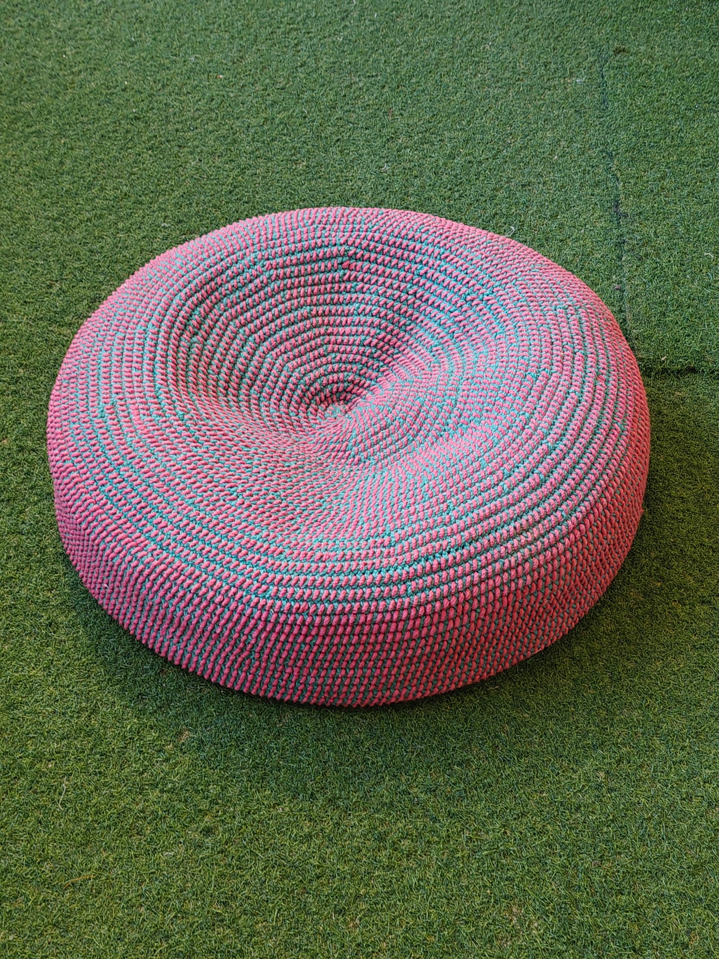 Pink and blue round crochet pouf / floor cushion