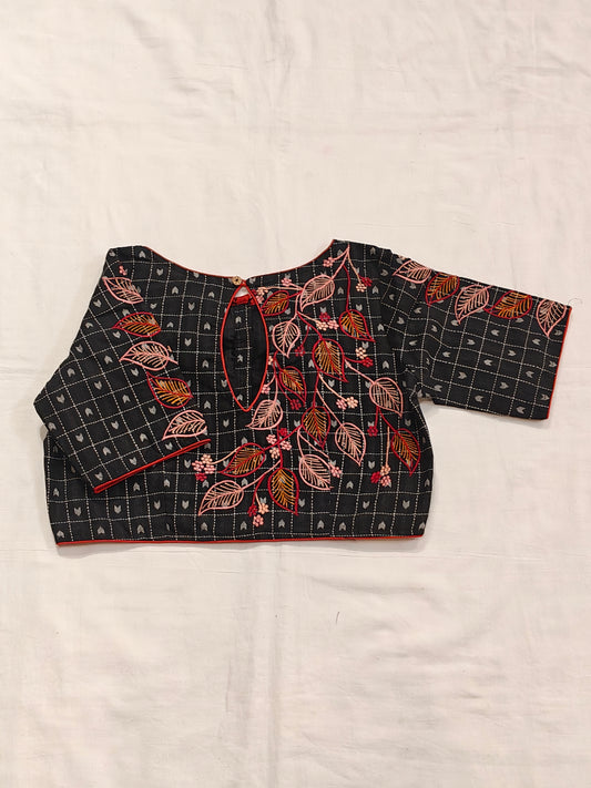 Black checkered, embroidered elbow  sleeves cotton blouse