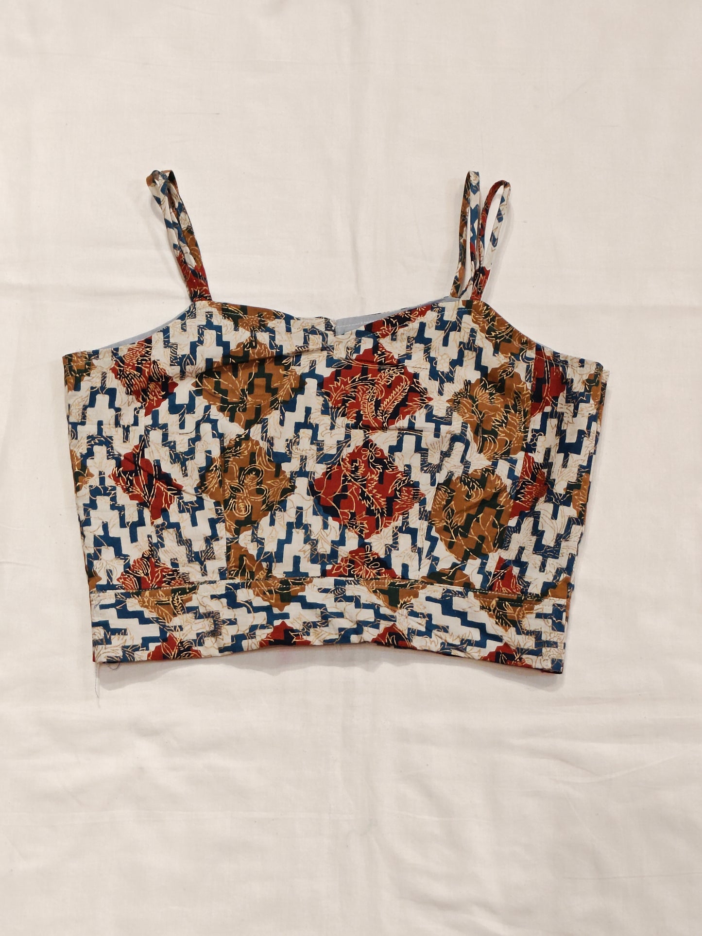 Red, brown and blue geometric patterned , hand block printed strappy cotton blouse
