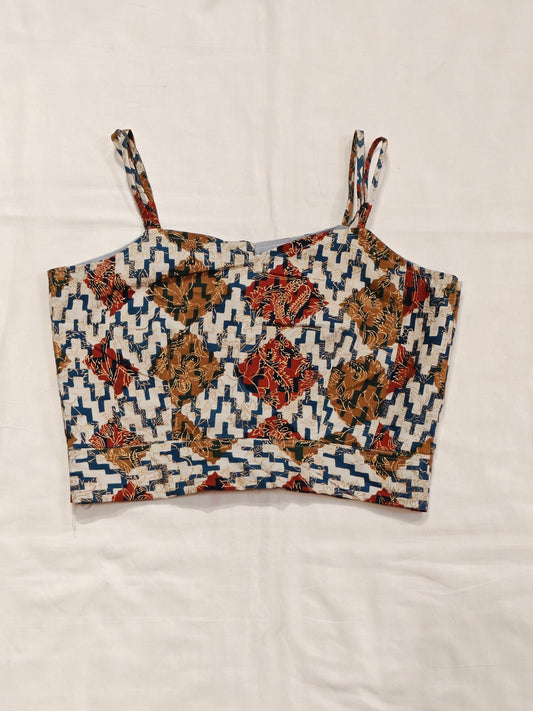 Red, brown and blue geometric patterned , hand block printed strappy cotton blouse