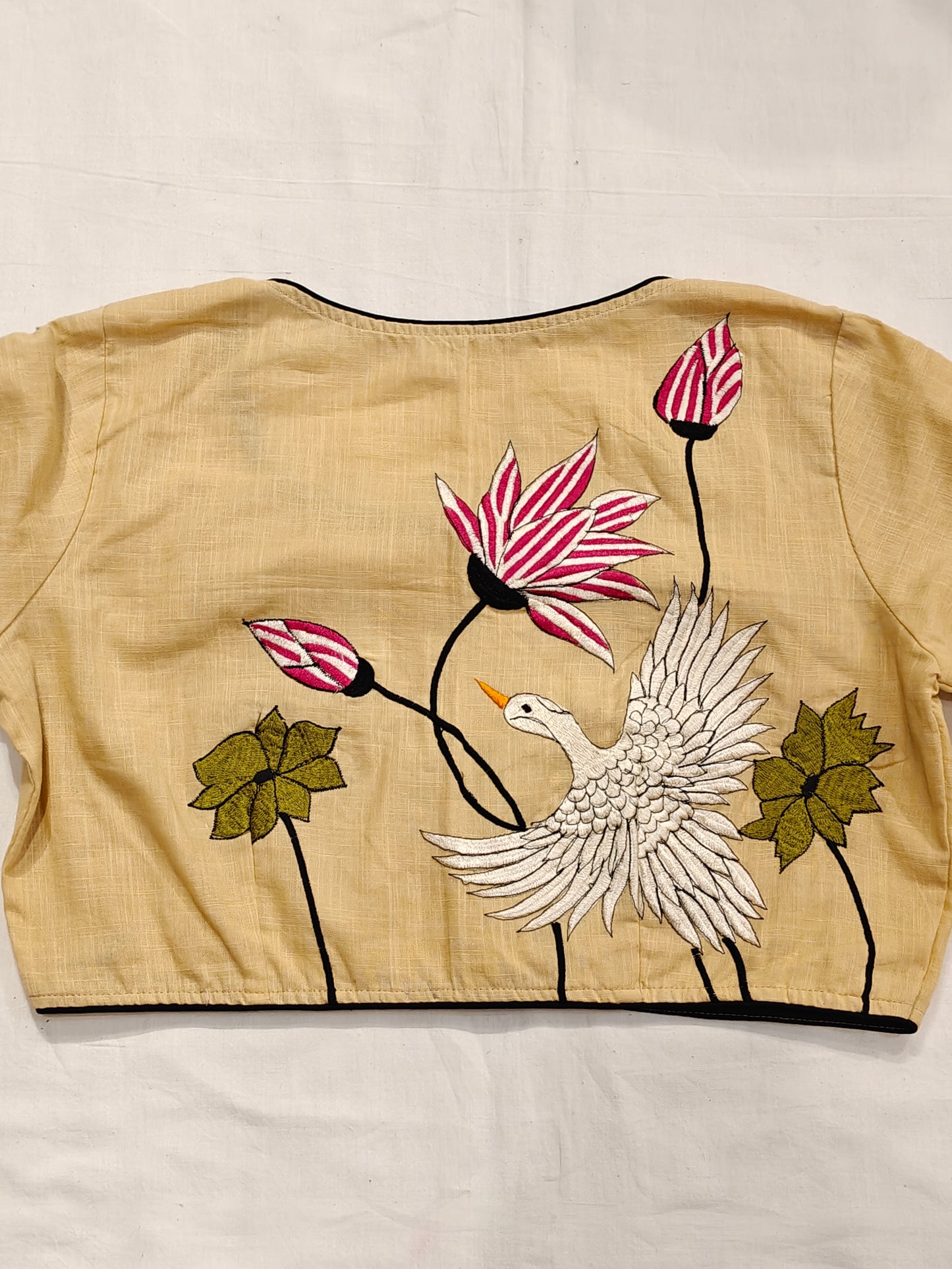 Beige cotton crane and lotuses embroidery cotton blouse