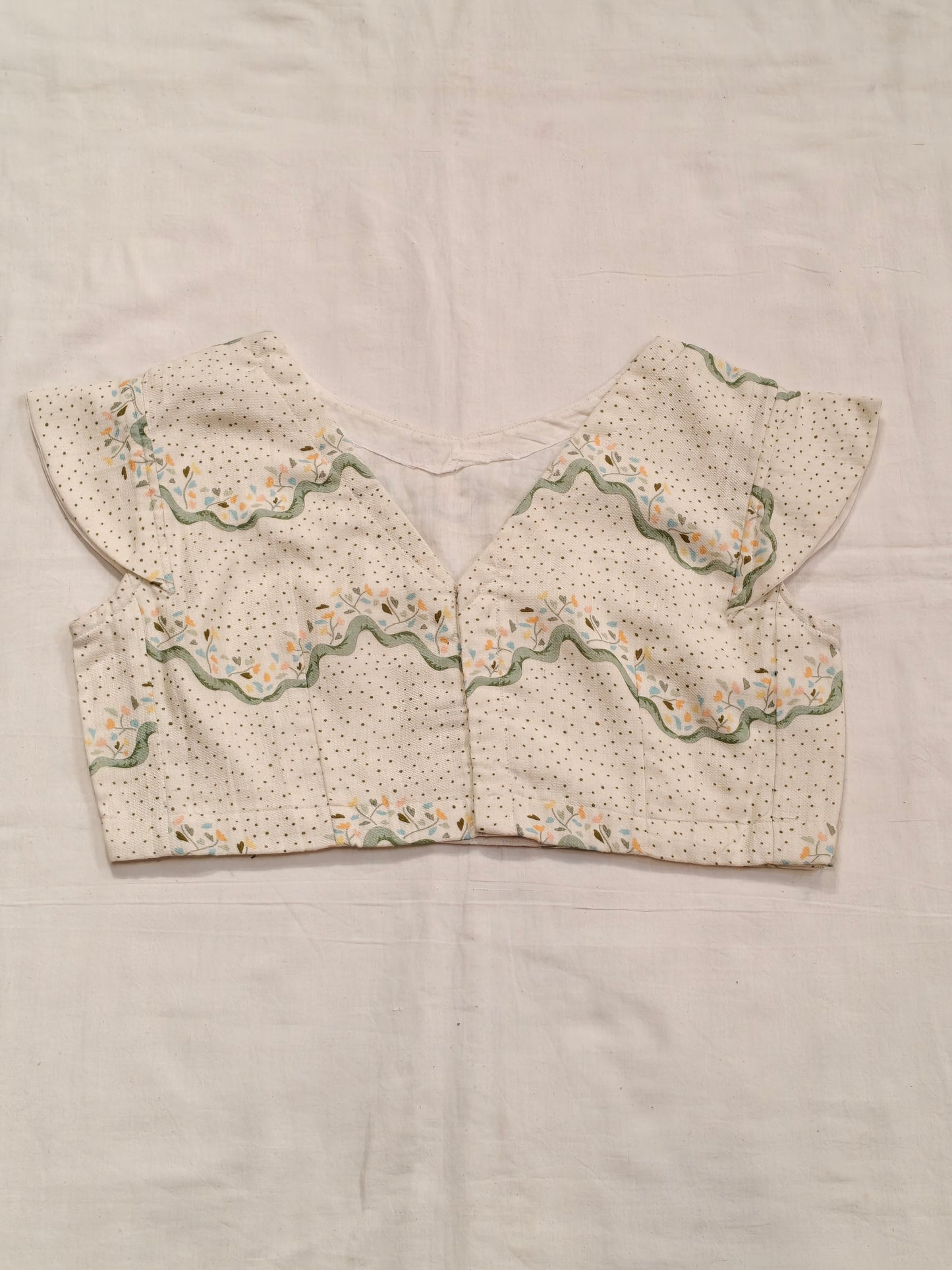 Green dots and floral design soft textured handloom cotton blouse