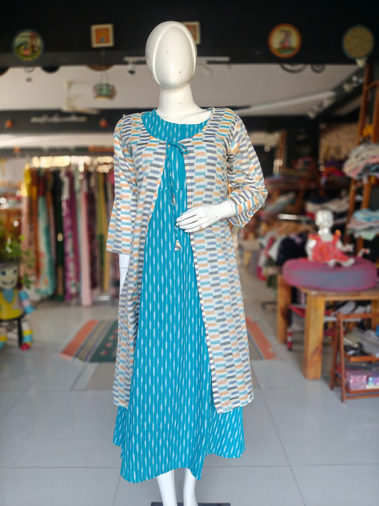 Sky blue ikat cotton dress with white ikat long jacket - 2 piece set
