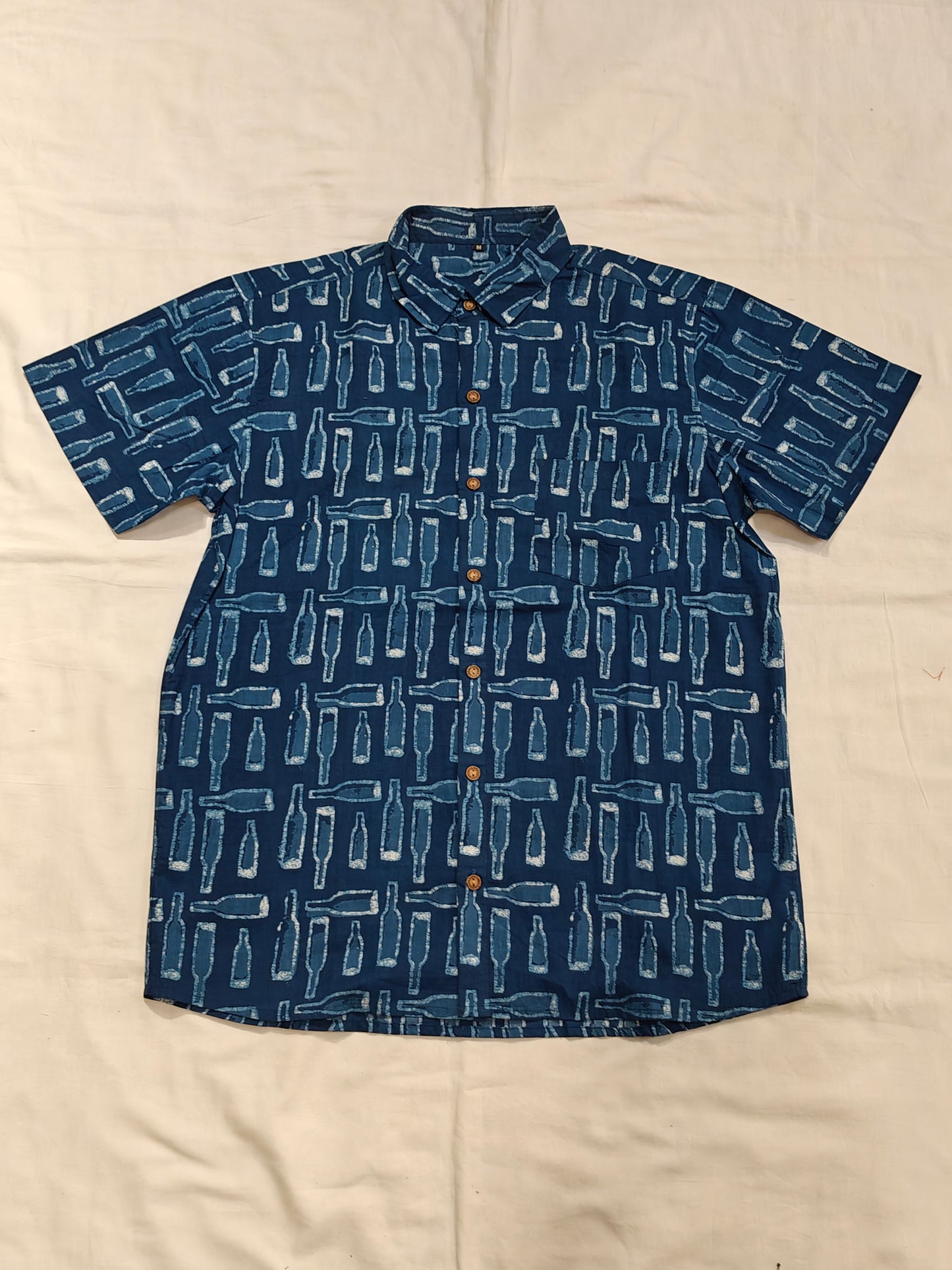 Indigo with bottles handblock prints handloom cotton men's shirt