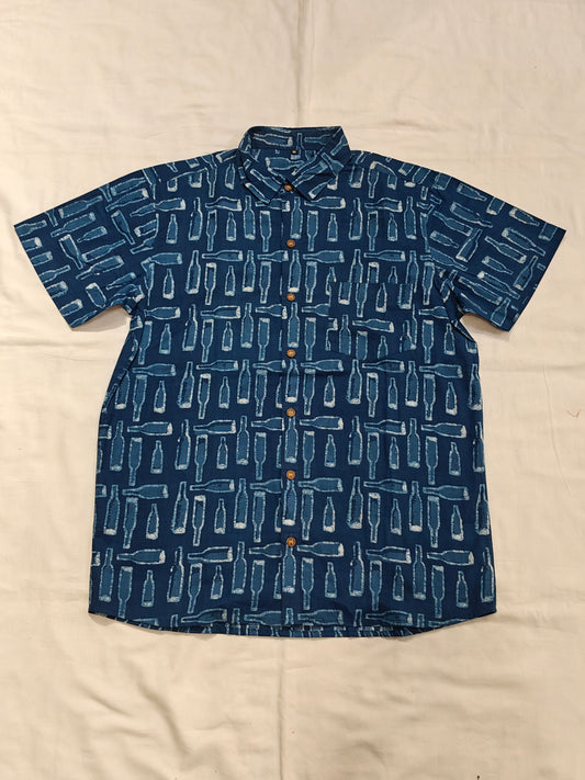 Indigo with bottles handblock prints handloom cotton men's shirt