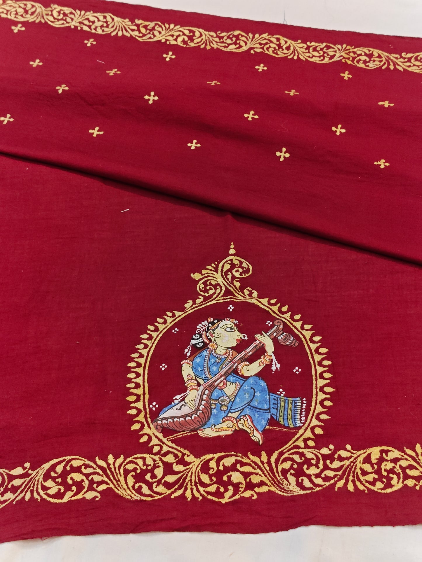 Patachitra hand-painted unstitched blouse piece with back and sleeves design - Handwoven cotton base