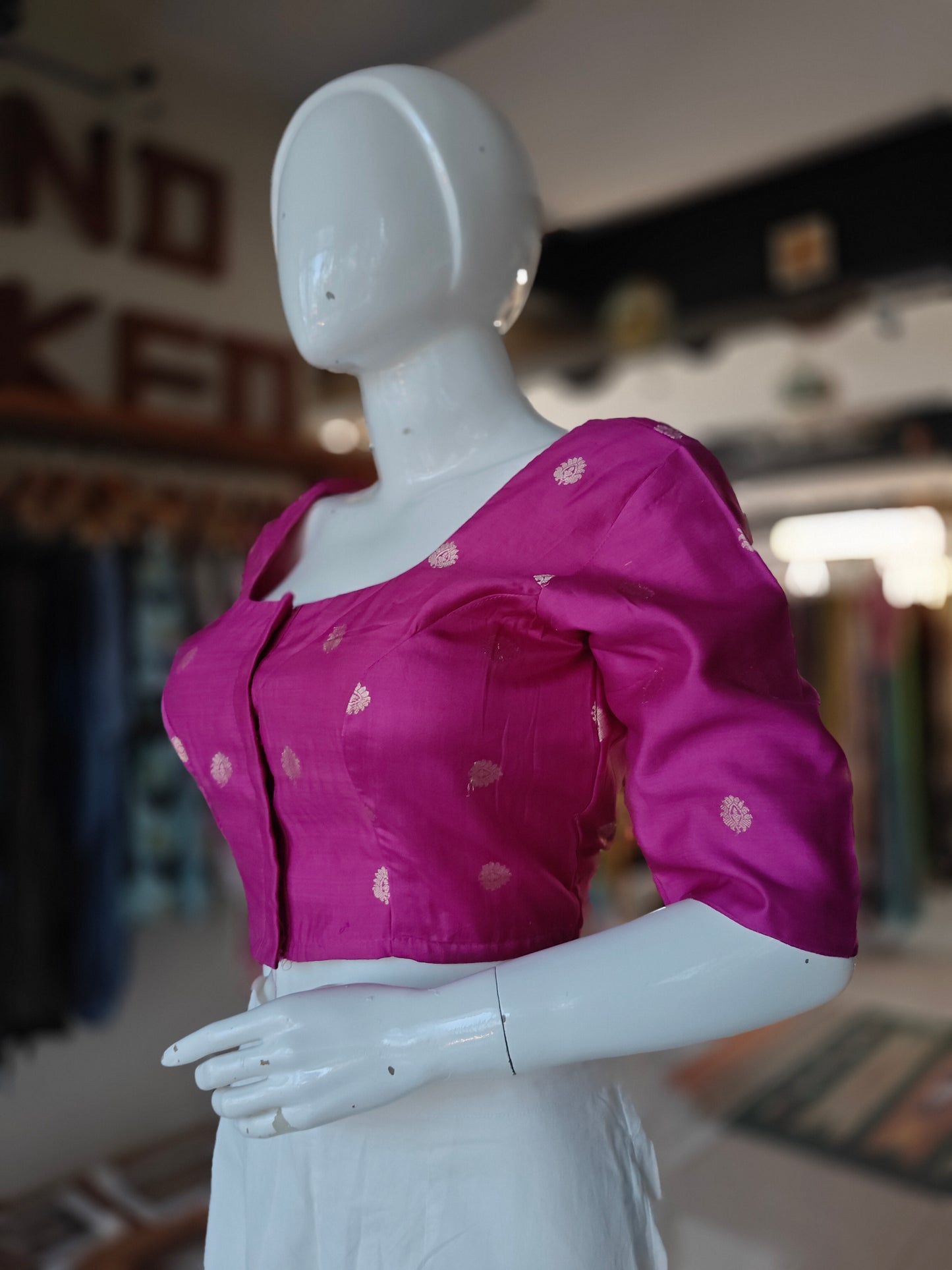Hot pink with golden butis handwoven silk blouse