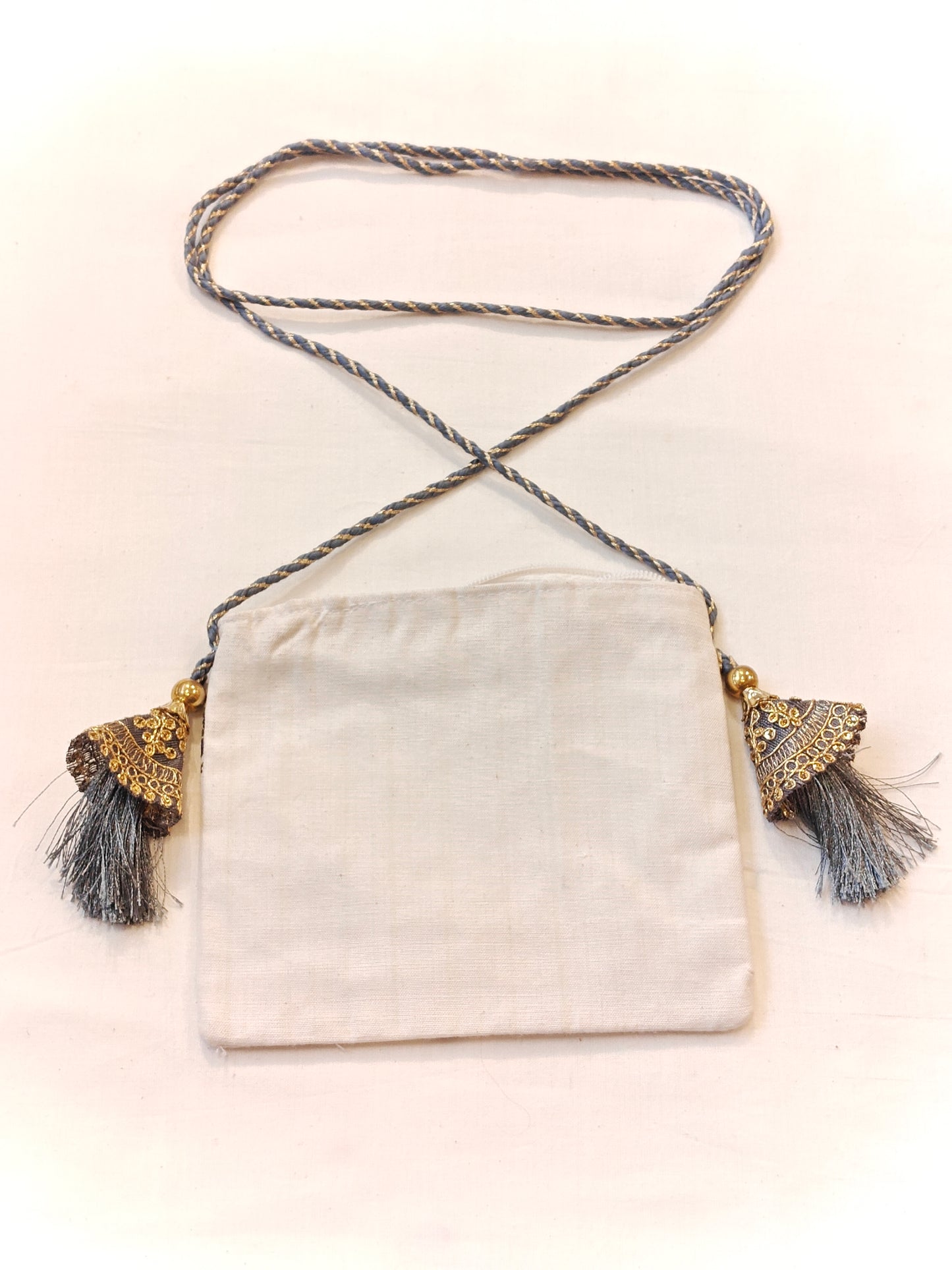 Handpainted on off white base fabric pouch with zipper closure, Tassles and sling - multiple designs available