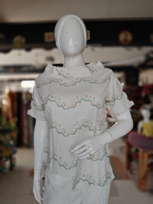 White green floral and polka dots digital printed handowoven soft top