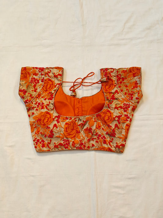 Orange n Red floral design short sleeves silk blouse