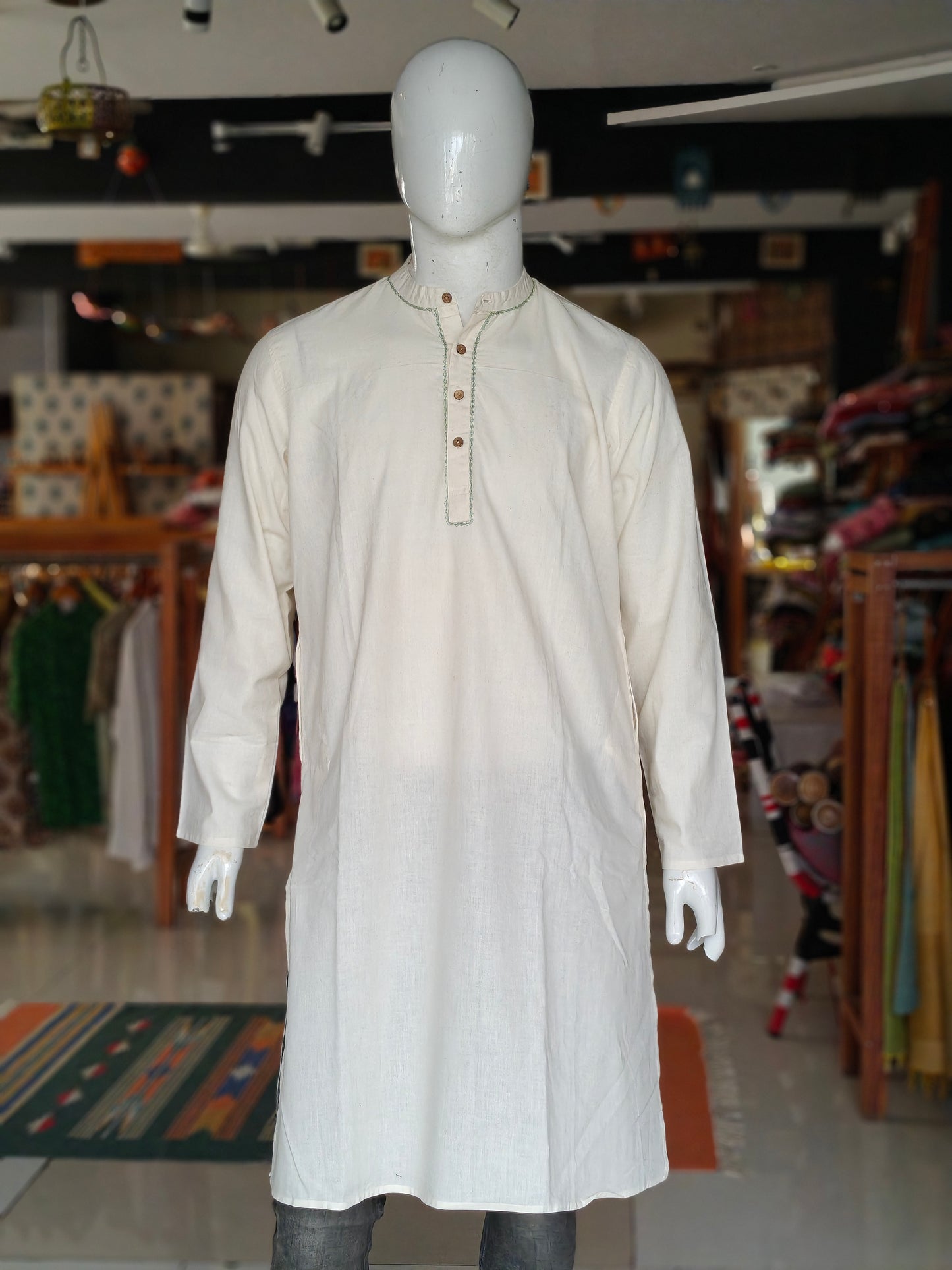 Off white with hand embroidery along button placket cotton full sleeves long kurta for men
