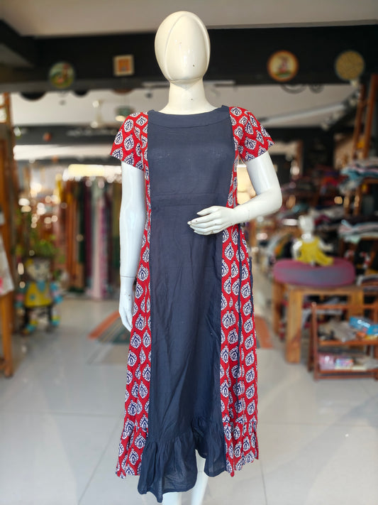 Navy blue and maroon printed panel cotton dress