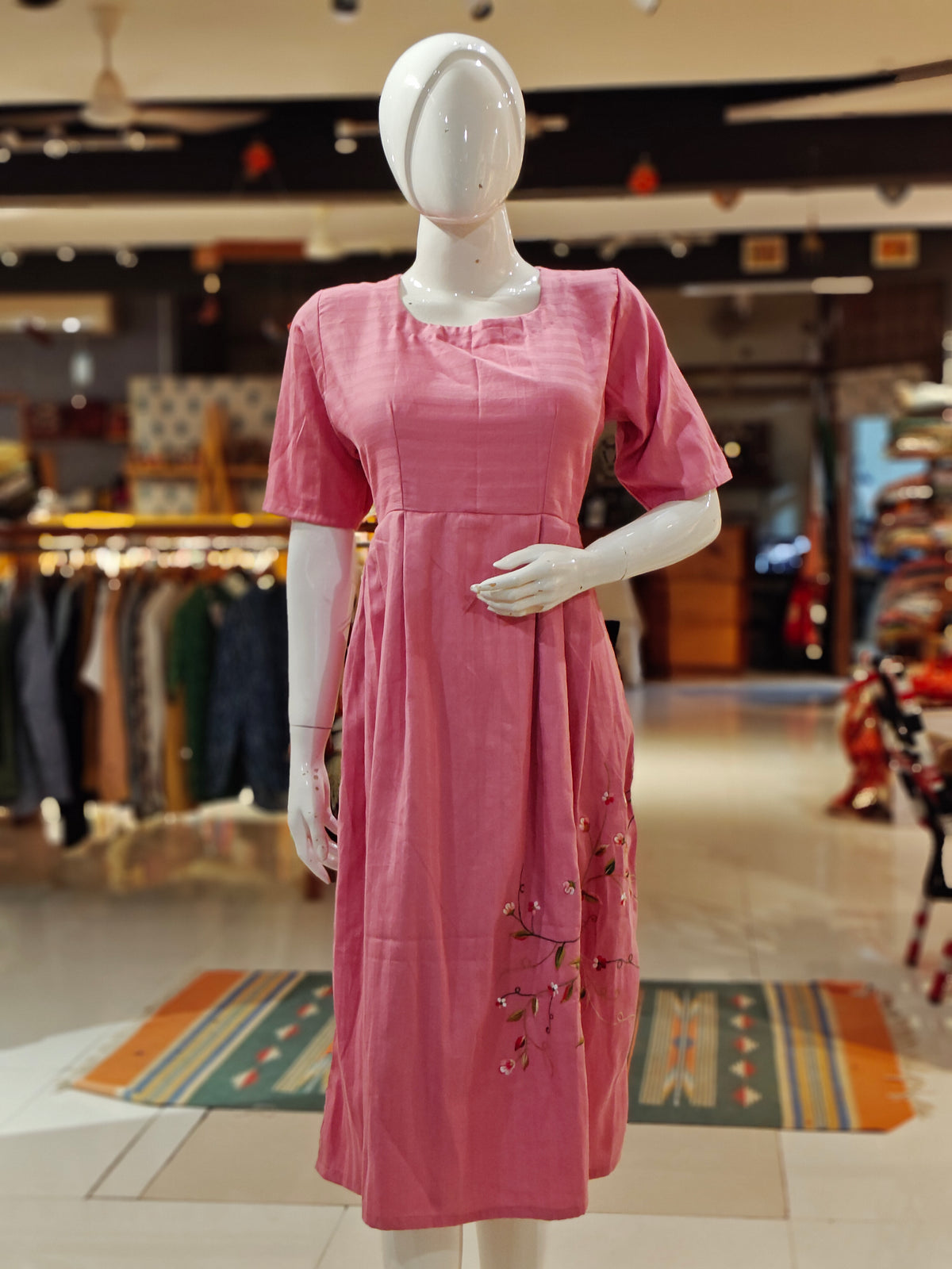 Pink stripes with floral embroidery plated satin cotton dress