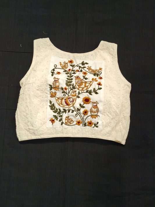 Off White hakoba sleeveless with floral and birds embroidery cotton blouse